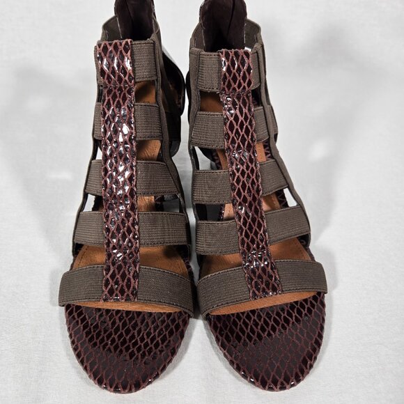DONALD J PLINER Pira BROWN Watersnake & Stretchy Strappy Ankle Wedge Sandals 8M. - Picture 4 of 17